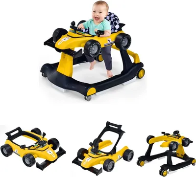 Produktbild von 4 in 1 Autoförmige Lauflernhilfe Höhenverstellbar & Klappbar, Babywalker mit einstellbarer Geschwindigkeit, Lauflernwagen mit Musik & Licht, für Baby von 6-18 Monaten, Gelb