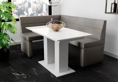 Productafbeelding van Eckbankset 196x142 cm BLAKE XL R, kunstleer, grijs / Eettafel DANTE, wit, HGL (hoogglans)