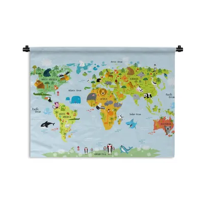 Produktbild von MuchoWow® Wandteppich Wandbehang Weltkarte - Kinder - Tiere - Natur - Jungen - Mädchen 60x45 cm Tapisserie Dekoration Wandtuch - Das Schlafzimmer