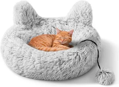 Productafbeelding van Pluche knuffel voor katten - Diameter 50 cm - Machinewasbaar - Grijs met kattenogen en speeltje