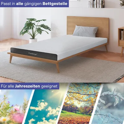 A mattress on a wooden bed frame with a headboard, in a room. The bottom of the image shows different seasons.