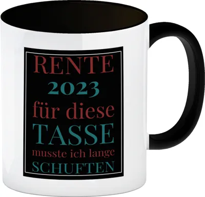 Produktbild von Rente 2023 Kaffeebecher in schwarz eine bunte Tasse für Rentner in weiß