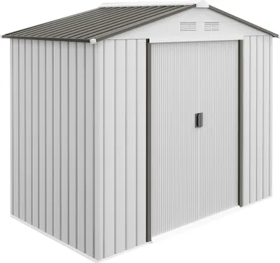 Produktbild von Outsunny Gartengeräteschuppen aus Stahlblech, 2,42 m² Gartenschuppen aus Stahl mit Schiebetüren, 213 x 130 x 185 cm, Silberweiß