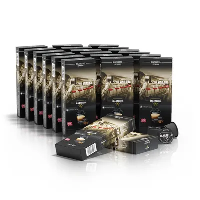 A collection of coffee capsule boxes arranged in a staggered formation.