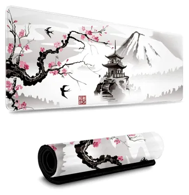 Produktbild von Gaming Mauspad mit japanischer Pagode und Kirschblütenzweig, XXL Schreibtischunterlage, genähte Kanten und rutschfeste Gummibasis (Kirschblüte, 90cmx40cm)