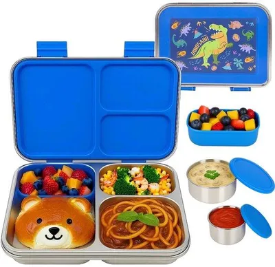 Produktbild von Unyqoos® Edelstahl-Lunchbox für Kinder, 3 Fächer, 950 ml, auslaufsicherer Verschluss, inkl. 140 ml Silikonbehälter + 2 Edelstahlbehälter, Cartoon-Design