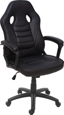 A black office chair with a racing-style design is shown against a white background.