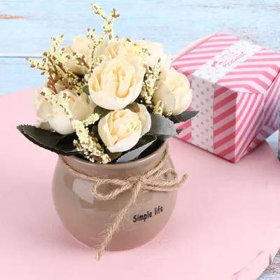 Image de Vase en céramique avec rose artificielle en soie, fleur en pot, décoration de table pour la maison, blanc