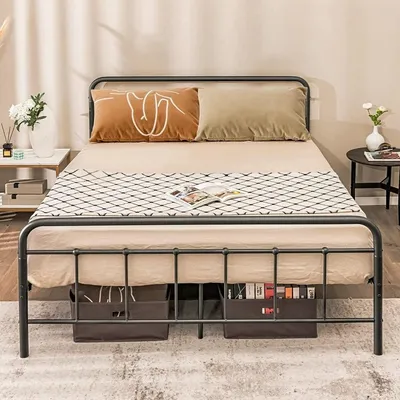 Zdjęcie produktu dla Łóżko z platformą metalową Nowoczesna rama łóżka z zagłówkiem i podnóżkiem 208 x 164 x 102 cm czarna