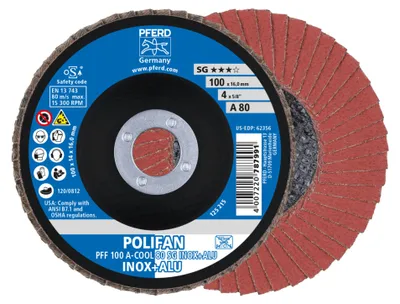 Produktbild von PFERD 67658100, Fächerscheibe, 10 cm, Jede Marke, Eingedrückte Mitte, 1,6 cm, 15300 RPM