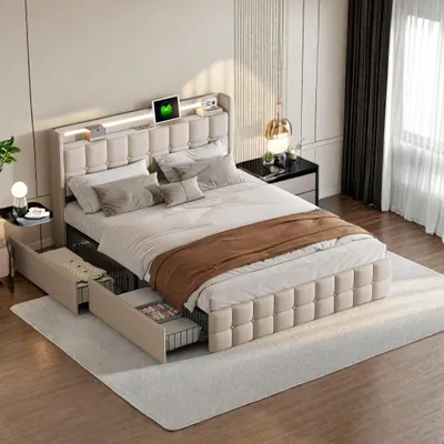 Image de Lit double 140x200 cm rembourré, tête LED, 4 tiroirs, USB, lin beige, sans matelas