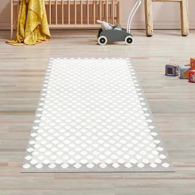 Produktbild von Kinderzimmer Babyzimmer Teppich  gepunktet weich 3d-effekt grau creme Größe - 80 x 150 cm