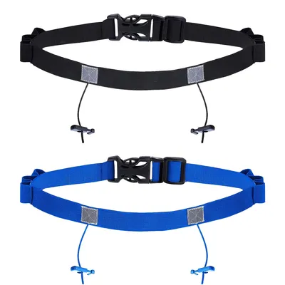 Produktbild von 2 Stücke Startnummerngürtel Startnummernband Reflektierend Laufgürtel Triathlon Gürtel mit 6 Gel Loops（Schwarz+Blau）