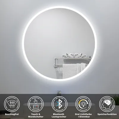 Produktbild von AICA Runder LED Badspiegel 60cm Badezimmerspiegel mit Touchschalter Anti-Beschlag Bluetooth 3 Lichfarbe Dimmbar Memory-Funktion IP44