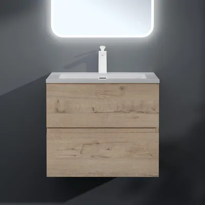 Produktbild von Mai & Mai Badmöbel-Set Waschbeckenunterschrank 60x48x50cm in Eiche Greige 2-Schubladen mit Soft-Close inkl. Mineralguss Waschbecken Aqualis