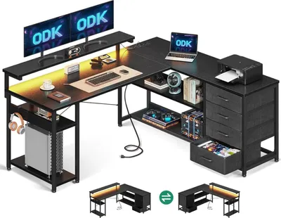 Produktbild von ODK Moderner Gaming Schreibtisch mit LED Beleuchtung, Schwarz 135×110cm