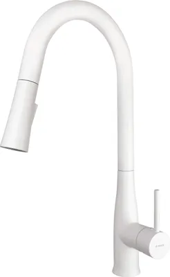 A white kitchen faucet with a pull-out spout is shown against a white background.