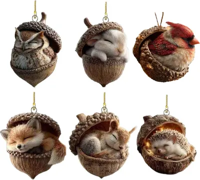 Produktbild von Waldtier-Eichel-Ornamente, gemütliche Waldweihnachtsornamente, rustikale 2D-Festtagsdekorationen für Baumkranz, naturinspirierte Geschenke