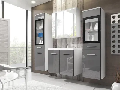 Image de Meubles de salle de bain YUKO 2 – blanc / gris brillant + lavabo