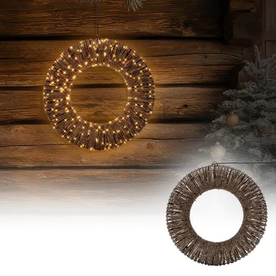 Zdjęcie produktu dla Świąteczny wieniec LED marki ECD Germany, średnica 38 cm. Dekoracja świąteczna z girlandą świetlną. Metalowy wieniec z oświetleniem świątecznym, do użytku zewnętrznego. 400 diod LED, ciepła biel, timer