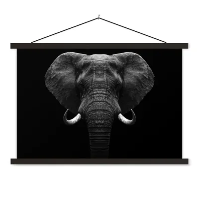 Produktbild von MuchoWow® Textilposter Tiere - Elefant - Porträt - Schwarz - Weiß 120x80 cm mit schwarzem Rahmen - Wanddeko