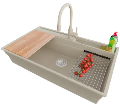 Produktbild von PRIMAGRAN Granitspüle Beige 88x53cm, Spülbecken 1 Becken + Ablauf-Set + Küchenzubehörset, Küchenspüle ab 90er Unterschrank - Oslo Pocket