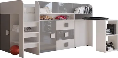 Produktbild von Etagenbett für Kinder Toledo 1 Stockbett mit Treppe und Bettkasten (Weiß + Grau Glanz)