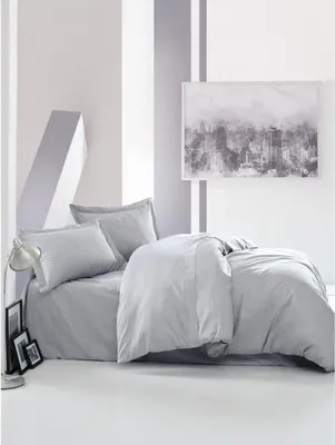 Zdjęcie produktu dla Pościel Satynowa Bawełna 220 x 240 cm, Szara, 100% Bawełna Satynowa, 2 Poszewki 60 x 60 cm, Zapinana na Guziki