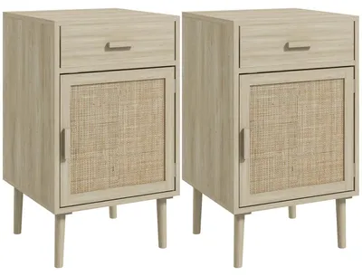 Productafbeelding van Nachtkastjes - Set van 2 nachtkastjes - Met lade en opbergruimte - Verstelbare legplank - 40 x 40 x 68,5 cm - Natuurlijke kleuren