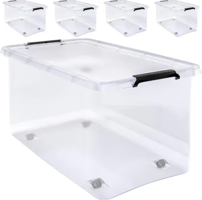 Image de DEUBA® 4x Boîte de rangement 60L en plastique transparent empilable sans BPA gain de place caisse de rangement roulettes