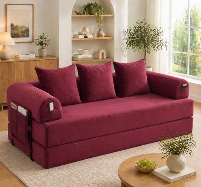 Productafbeelding van Bank - 200 x 94 x 67 cm, kleur: wijnrood, materiaal: cordura, kussens, zijvakken, comfortabele vulling, AI-gegenereerde afbeelding
