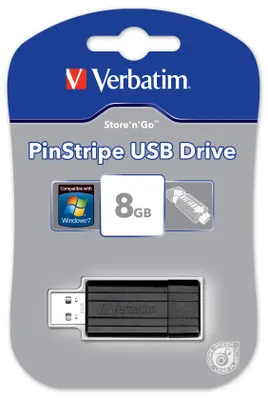 Image de Verbatim PinStripe clé USB 8 Go - Noir, 8 Go, USB 2.0, capuchon, 21 mm, 54 mm, 9,22 mm