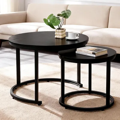 Produktbild von Runder Couchtisch 2er Set Wohnzimmertisch Metallgestell Holzoptik Schwarz