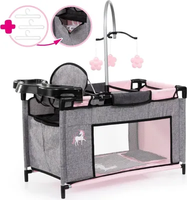 Produktbild von Bayer Design 62633AB Puppenbett mit Schrank, Sitz, Mobile, Ablage, Bettdecke, Kissen, jeans-grau, rosa, Einhorn