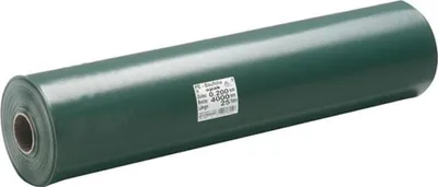 A roll of dark green plastic sheeting on a white background.