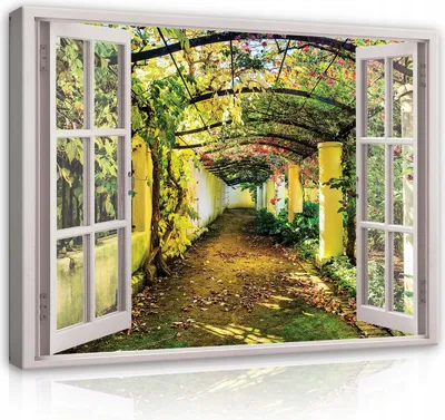 Zdjęcie produktu dla Obraz na Płótnie Okno Ogrodowe - 120x80 cm - Panorama Natury Krajobraz Nowoczesny Obraz na Płótnie XXL Iluzja Okno Kuchnia Sypialnia Salon Sztuka na Ścianie Wydruk Obraz na Płótnie Gotowy Do Powieszenia