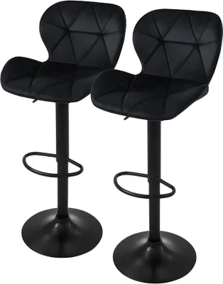 Imagen del producto de Juego de 2 taburetes de bar, tapizados en terciopelo, color . Taburetes acolchados con respaldo y reposapiés, altura ajustable de 59 a 79 cm, giratorios 360°. Taburetes para bar, sillas giratorias