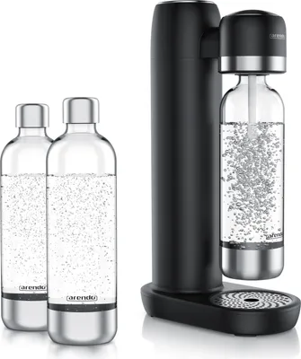Immagine prodotto di Arendo, produttore di acqua frizzante, con 3 bottiglie in PET da 1 litro, senza BPA, dosaggio fine, compatibile con bombole CO2 da 60 litri, SodaStream Easy/Cool, PET/ABS, nero