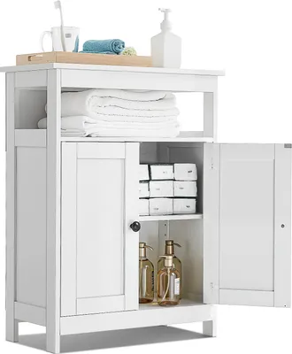 Produktbild von VEVOR Badezimmerschrank Badschrank 3-stufig aus Holz mit 2 Türen & verstellbarem Regal, Bodenschrank für Küche/Wohnzimmer/Eingangsbereich, multifunktionaler Aufbewahrungsschrank Küchenschrank