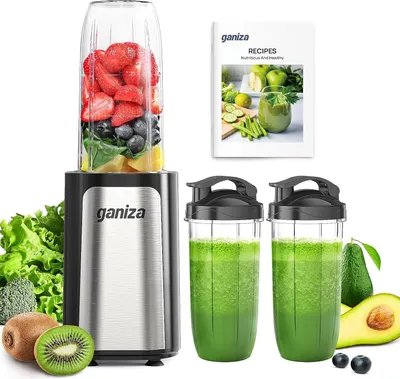 Produktbild von Ganiza Mixer, 900W Mini Smoothie Maker, Standmixer mit 3 Tragbare Mixbechern(2×500ml & 1×700ml), Vierklingenklinge aus Edelstahl, BPA-Frei, Leicht zu