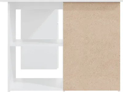 A white corner desk with a brown particleboard back panel.