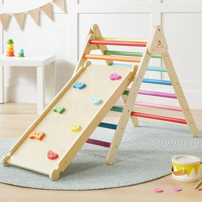 Produktbild von Dreieckiger Holz-Kletterturm 3-in-1 zum Spielen Montessori Buntes Set