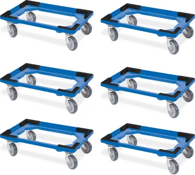Produktbild von 6 Transportroller für 600x400 mm Drehstapelbehälter, offen, gr. Gummiräder, blau