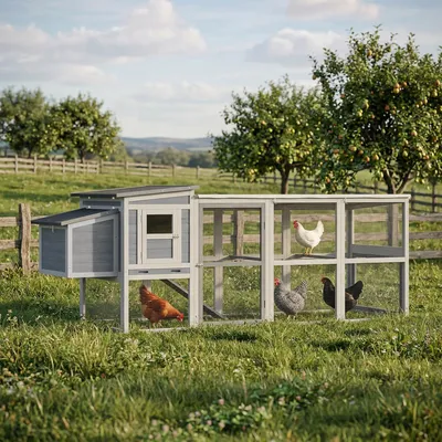 Produktbild von Hühnerstall mit Auslauf für 3-4 Hühner, Hühnerhaus, Tannenholz, Grau | 264 x 82 x 89 cm | Asphaltdach, Oxford-Abdeckung | Nistkasten, Schublade