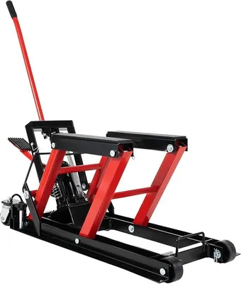 Produktbild von Motorradhebebühne 680kg belastbar, Motorradheber Hydraulisch Lifter Einstellbare 115-365 mm Motorradlift, Montagebock Klapp Hebebühne Plattform in Garage & Außenbereichen (Schwarz & Rot)