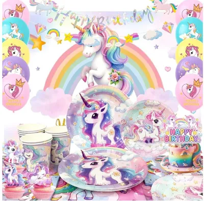 98-teiliges Einhorn-Geburtstagsdeko-Set mit Tellern, Tischdecke & Ballons