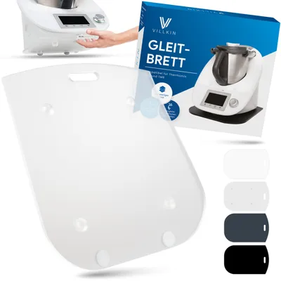 A product shot featuring a transparent cutting board for a kitchen appliance, with packaging and color options shown.