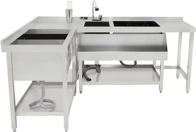 Produktbild von Cocktail-Bar-Station, Eisbrunnen und modulare Eckeinheit, Edelstahl-Arbeitsplatz, Mischbatterie, herausnehmbare Trennwände, Abfallbehälter, Spritzschutz, 2 Verbindungshalterungen und Cocktail-Shaker