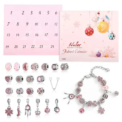 Produktbild von Adventskalender Schmuck 24-teilig Rosa Glasperlen mit Ketten & Armband