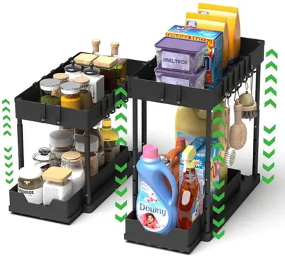 Produktbild von Unyqoos® ausziehbarer Doppelorganizer mit Haken unter dem Waschbecken, verstellbar und platzsparend